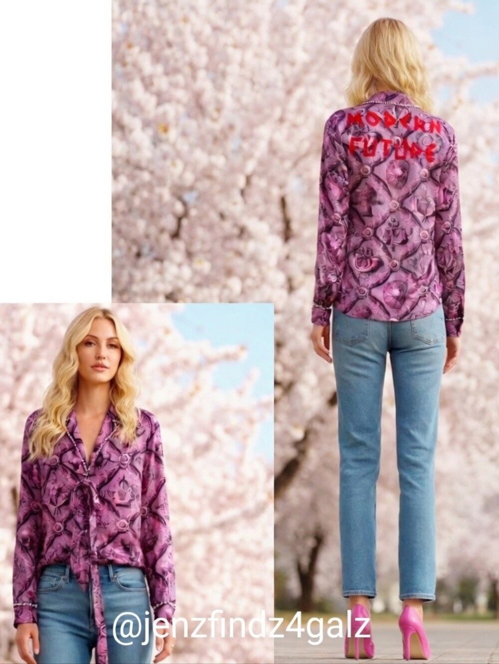 NWT Gucci Modern Future Silk Pearl Blouse IT40 Purple-Pink Scroll Print Dustbag